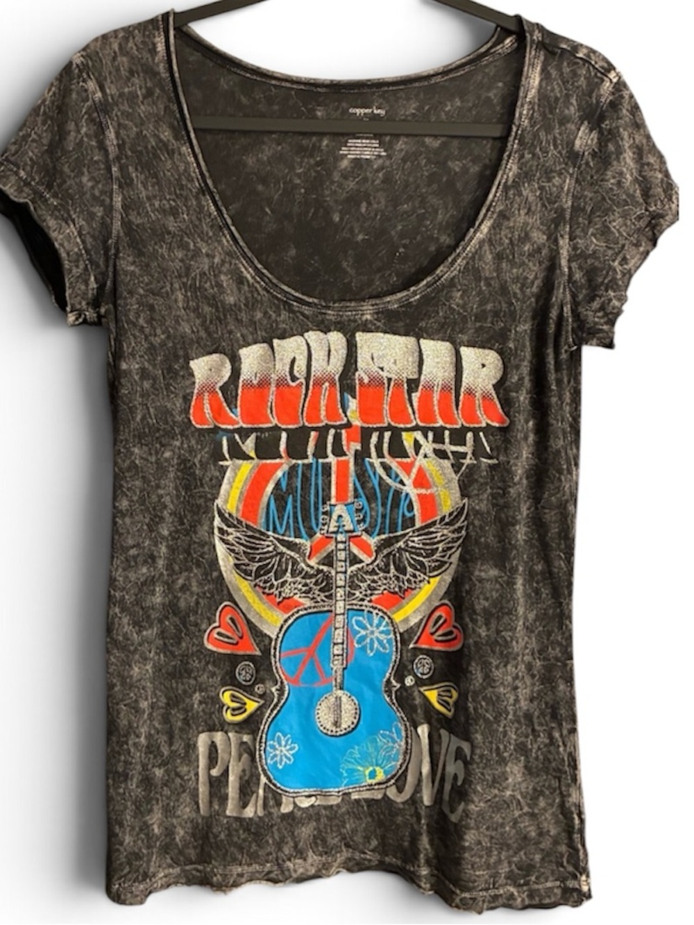 Copper Key Black Mineral-Wash Rock Star Graphic Peace Love Blue Guitar Fitted XL